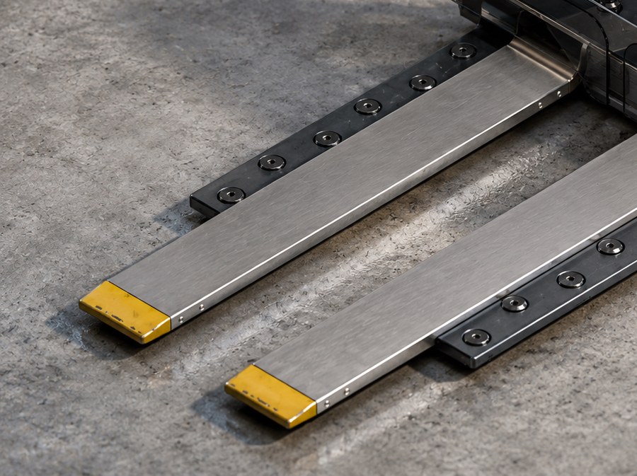 Grippen T150 fork tips in close-up, showing the 4 mm tapered insertion tips on a concrete floor.